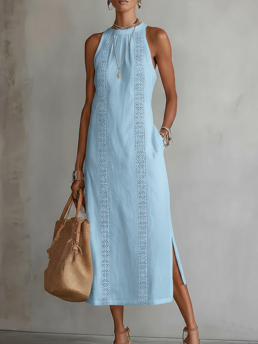 Beata | Sukienka midi lniana z kołnierzykiem typu mao